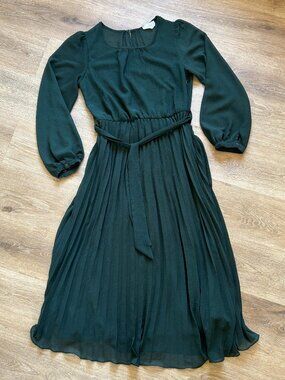 LoveRiche Size Medium Dark Green Long Sheer Sleeve Long Dress With Pleated Skirt